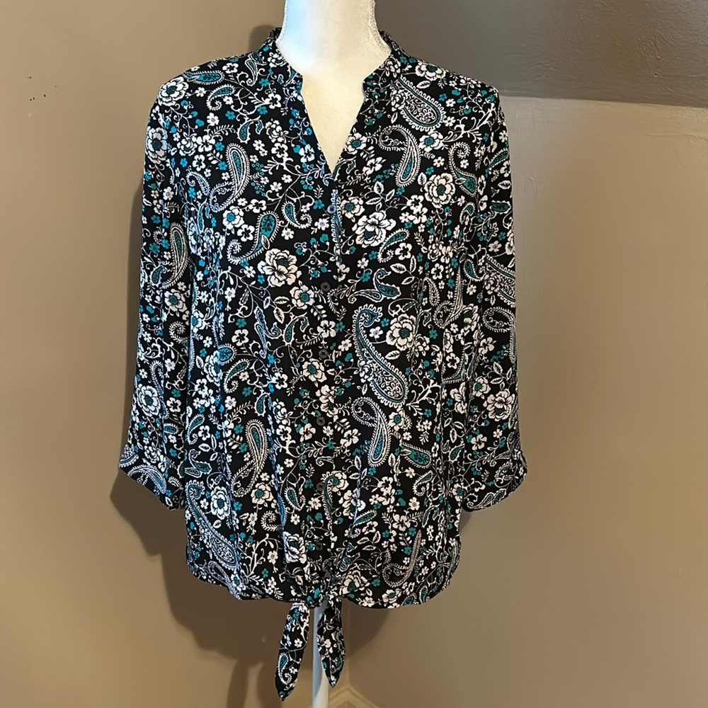 Talbots black, teal and white paisley floral tie bottom top.  Large Petite LP.